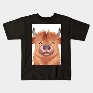 Cute Highland Cow Smiling Watercolor Painting Kids T-Shirt